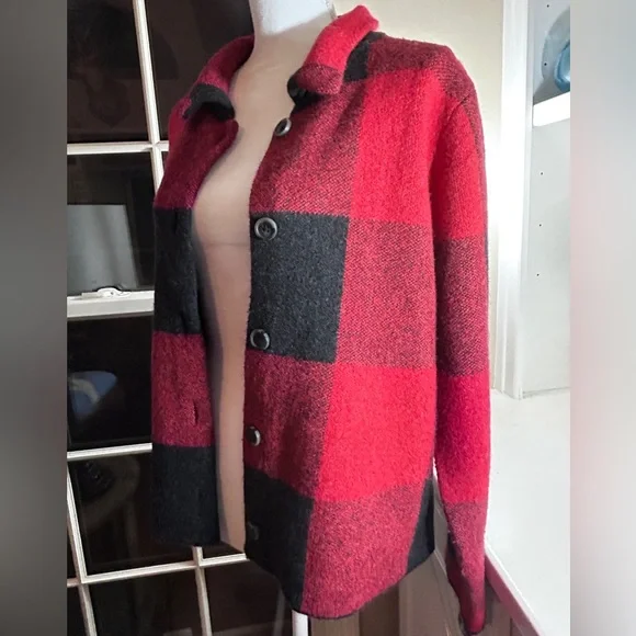 J.Jill Buffalo Red Black Cardigan Wool Blend Soft Jacket Large Petite - Picture 3 of 11